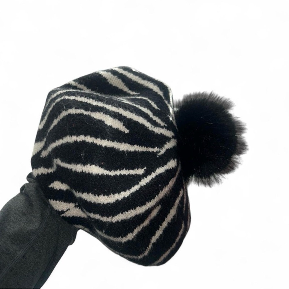 Chico's Black and White Zebra Print Beret with Pom Pom